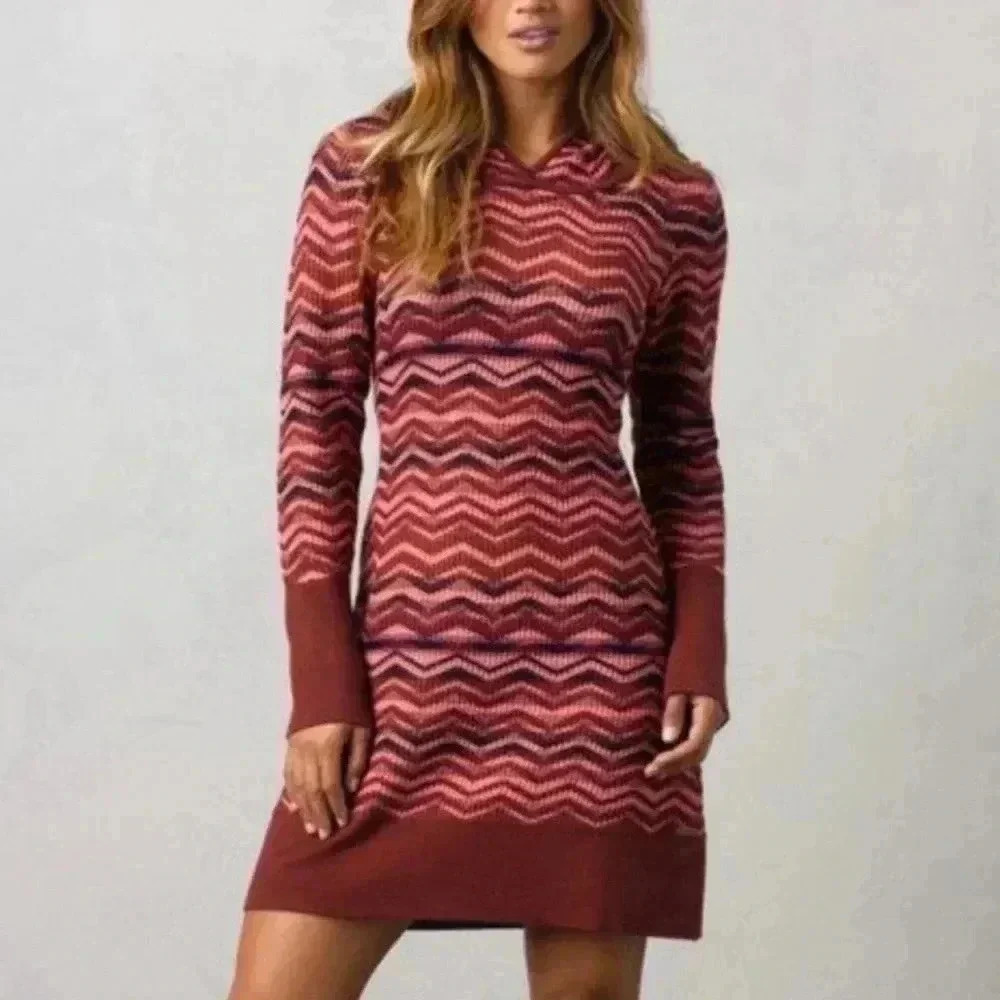 Prana Meryl Chevron Sweater Dress Hooded size XS Knit Hooded Stretch W3MERY313